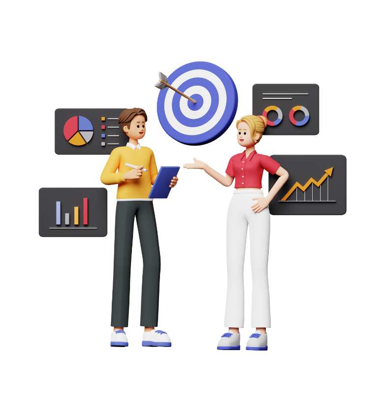 Two individuals stand beside a target board displaying various graphs and charts, engaged in a discussion about data.